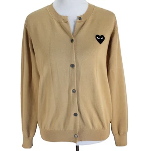 Play Comme des Garcons Cardigan Sweater Size L Tan Black Heart Patch Button Up - Picture 1 of 7