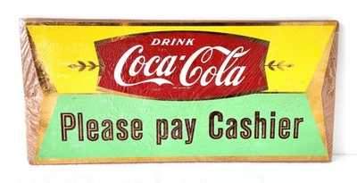VINTAGE COCA COLA Fishtail Foil Sticker Decal Sign "Please Pay Cashier" NOS RARE - Image 1 of 2