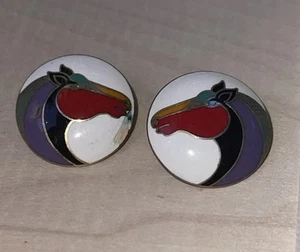 Vintage Laurel Burch Horse Earrings Black Enamel Colorful Mane "Kundus" Pierced - Picture 1 of 13