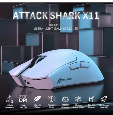 ATTACK SHARK X11 Gaming Mouse with Charging Dock PixArt PAW3311 BT Wireless Wire - Image 1 of 4