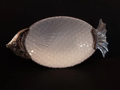 Mud Pie Sanibel Fish Platter/Bowl Terracotta Milk Glazed Finish Silver Head-Tail - Image 1 of 4