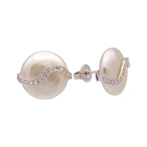 Vintage Yvel Biwa Coin Pearl Earrings  18K White Gold + Diamonds, 14.5mm Pearls - Picture 1 of 10