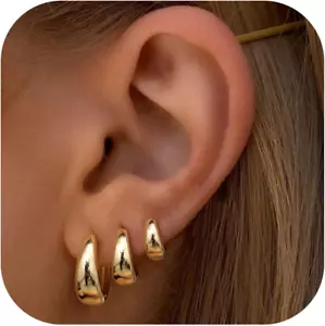 3Pairs Gold Hoop Earrings Set for Women Chunky Gold Silver Hoop Earrings 14K Gol - Picture 1 of 12