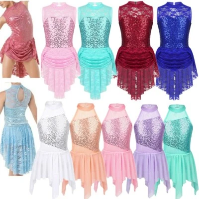 Girls Lyrical Sequins Dance Dress Ballet Leotard Irregular Dancewear Costume - Image 1 of 2