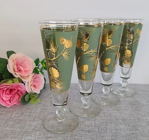 Rare Vintage Christmas Frosted Green & Gold Fluted Libbey Glasses Pinecones - Picture 1 of 7