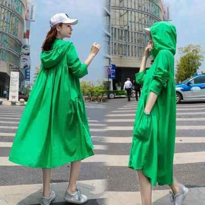 Women Hooded Midi Jacket Zip Windbreaker Dust Coat Summer Beach Sun Shirt Thin - Image 1 of 4