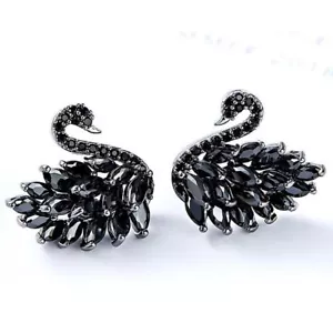 925 Sterling Silver Elegant Black Swan Design Black Onyx Gems Stud Hook Earrings - Picture 1 of 6