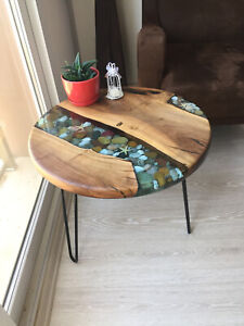 Walnut Epoxy Coffee Table, Resin Clear Wooden Table, Office Console Table Patio