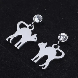 Stainless Steel Kitten Dangle Stud Earrings Zirconia Stretching Cat Silver Z376 - Picture 1 of 2
