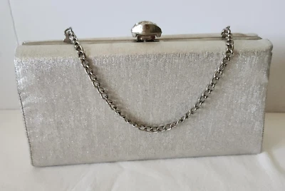 Vintage Silver Lame' Evening Clutch Handbag, Purse w/Chain, Rhinestone Closure - Image 1 of 4