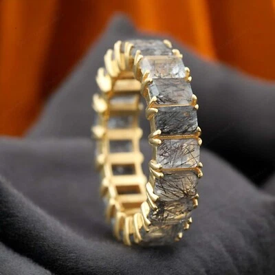 Banda de cuarzo rutilado negro natural con forma de esmeralda de 6x4 mm de plata de ley 925 Foto 1 de 4