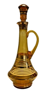Amber MCM Glass Decanter Gold Etched Bands W Stopper 16" EUC Vintage Excellent - Picture 1 of 6