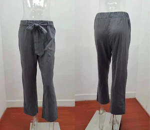 Women's Casual Linen/Cotton Pants Straight Leg Drawstring Elastic High Waist - Picture 1 of 6