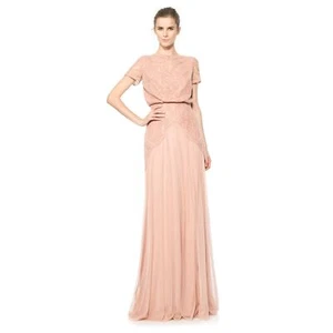 TADASHI SHOJI Blush Pink Cotton Embroidered Tulle Blouson Gown Dress Size 16 - Picture 1 of 9