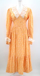 Vtg Women's 70s Orange Floral Maxi Prairie Dress 1970s M/L Lace Neckline & Cuffs - Picture 1 of 18
