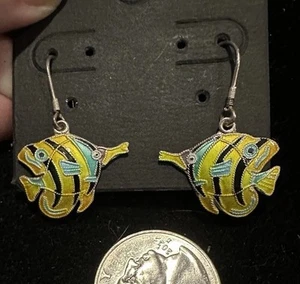 Artisan Blue Tropical Fish Enamel Sterling Silver Guilloche Earrings Hooks - Picture 1 of 7