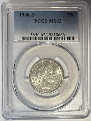 1908 D Barber Quarter PCGS MS62 🌐BLAST WHITE LUSTER BOMB🌐 - Image 1 of 2