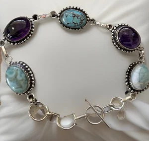 Turquoise , Amethyst & Larimar  Gemstone bracelet 22cm Long - Silver Plated-New - Bild 1 von 3