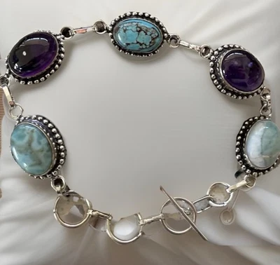 Pulsera Turquesa, Amatista y Larimar Piedras Preciosas 22cm Largo - Plateada - Nueva Foto 1 de 3
