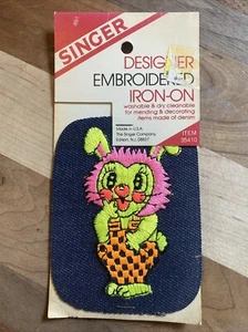 Vintage Singer Designer Embroidered Iron-On Denim Patch Neon Bunny - Picture 1 of 6