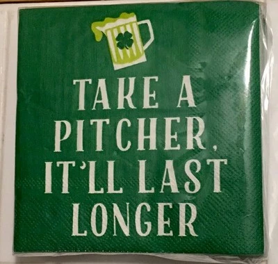 St. Patrick's Day 40 Paper Napkins Grn w/ 'TAKE A PITCHER' by CR Gibson NIP - Image 1 of 3