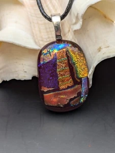 dichroic Purple Orange Gold Multicolor necklace large pendant fused glass #1109 - Picture 1 of 4