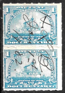 US Revenue 2x#R163 - 1898 PAIR 1c US DOCUMENTARY REVENUE -Battleship, USED VF - Picture 1 of 1