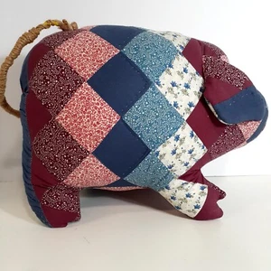 Vintage Hand Made Quilted Pig Door Stop EarthTone Patchwork 12"x10" Button Eye - Picture 1 of 10