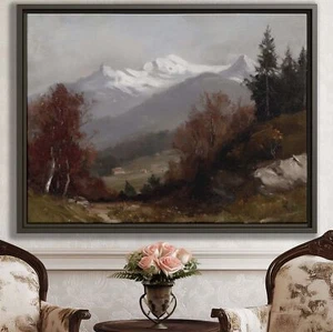 Mountain Landscape Oil Painting Canvas Print Rustic Fall Wall Art Framed Decor - Picture 1 of 9