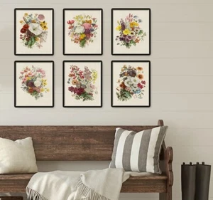 Vintage French Botanical Boquet Print Set Flower Floral Wall Art Prints Set of 6 - Picture 1 of 7