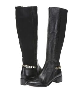 STEVE MADDEN 'Lesli' Black Leather Gold Chain Knee High Boots 6.5 NEW! 217749