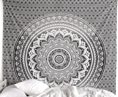 Mandala preta e branca algodão cama arremesso, tapeçaria de parede, toalha de mesa 84x93 queen - Imagem 1 de 3