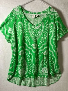 Joie 100% Linen Floral Top Kelly Green Plus Size 2X Tropical Summer Beach V-Neck - Picture 1 of 8