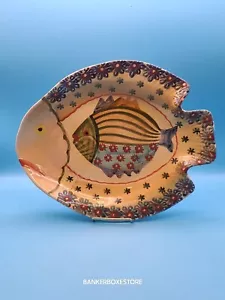 Large Fish Within a Fish Dish Plate Yellow Blue Red Italian Pottery 13" - Picture 1 of 16