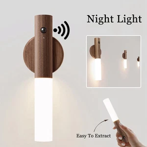 Auto LED Magnet Holz Nachtlicht, USB Kabellos PIR Bewegungsmelder Wandlampe - Bild 1 von 9