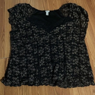 Venezia Black Y2k Lace Cap Sleeve Top Whimsigoth Dark Coquette Size 26/28 - Image 1 of 4