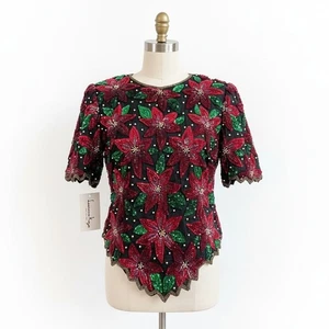 Laurence Kazar Perlen Pailletten Weihnachtsstern Seide Bluse Top L Weihnachten Urlaub Vintage - Bild 1 von 10