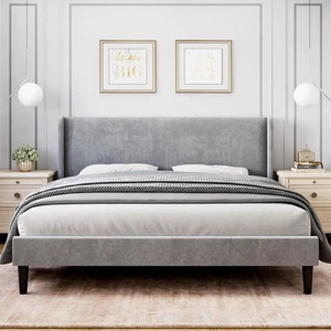 Full Upholstered Bed Frame with Wingback Headboard, Luxurious Velvet Upholste... - Picture 1 of 6