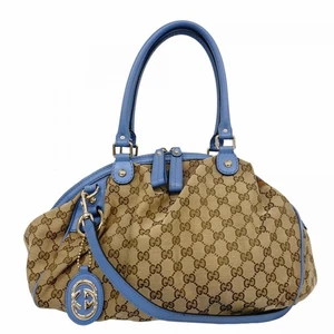 GUCCI Handbag GG Canvas 223974 Brown Blue Leather Trim Gold Hardware - Picture 1 of 10