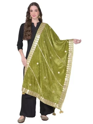 Green & Gold Scarf Fancy Ethnic Embroidered Gotta Patti Velvet Dupatta/Chunni - Image 1 of 4