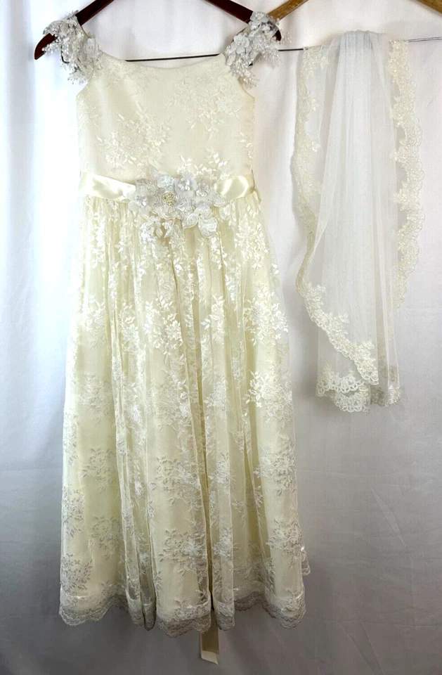 Niña Amalea Marfil, Encaje, Vestido Largo de Comunión y Velo, Faja de Satén a Juego Talla 8 Foto 1 de 4