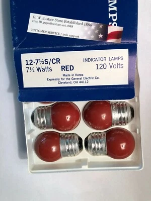 BOXof 12 GE red 7 &1/2 WATT S11 LIGHT BULB 7.5S11 indicator 71/2S/CR VINTAGE NEW - Image 1 of 4