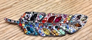 LEAF SHAPED 3" MULTI-COLORED RHINESTONE LAPEL STICK PIN BROOCH NICE!!! - Picture 1 of 2