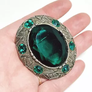 Vintage Brooch Pendant Large Silver Tone Green Stones Pin Costume Jewellery (t9 - Picture 1 of 9