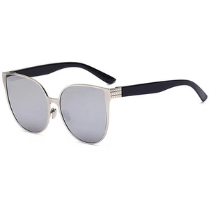 86007 C2 FASHION CATEYE SUNGLASSES METAL SILVER FRAME SILVER MIRROR LENS - Picture 1 of 4