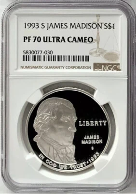 1993 JAMES MADISON Silver Dollar NGC PF70💥FLAWLESS QUALITY!💥 - Image 1 of 4