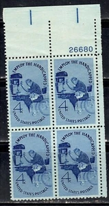 #1155 1960 4-cent Employ the Handicapped block of 4 with plate# MNH - Picture 1 of 1