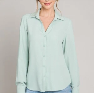 Womens Sage Green Long Sleeve Blouse Office Career Button Down V-Neck Shirt - Picture 1 of 5
