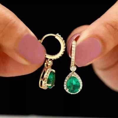 2Ct Lab-Created Diamond Emerald Drop & Dangle Earrings 14 Yellow Gold Plated - Image 1 of 4