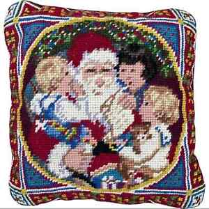 Vintage 100% wool Santa Christmas needlepoint pillow 10”x 10” Velvet Back